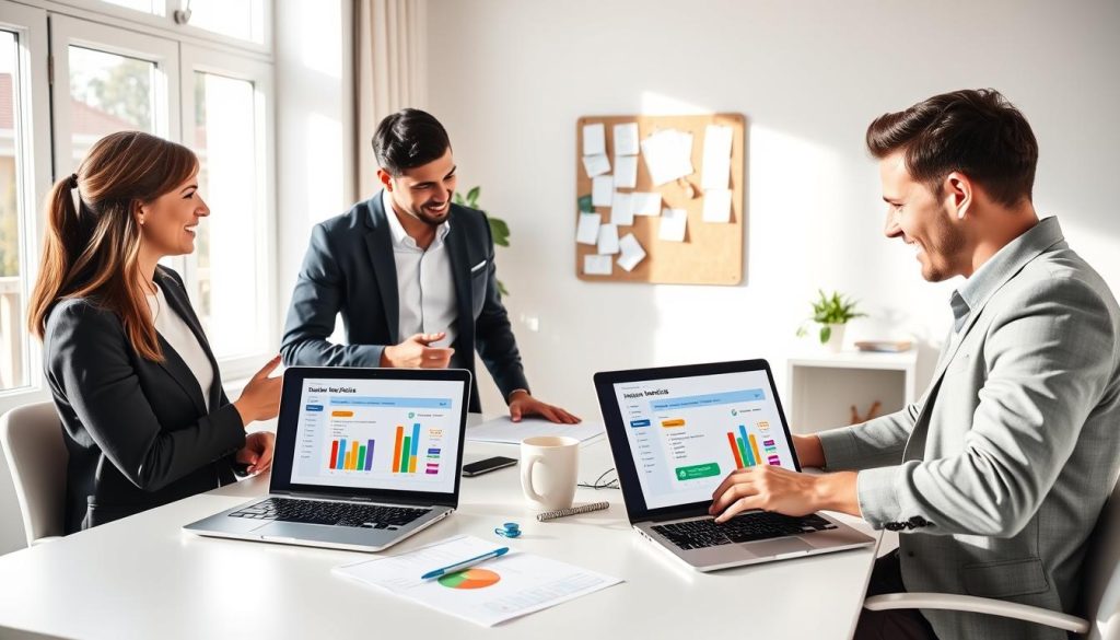 A bright, modern home office setting showcasing a diverse group of three professionals, one woman and two men, engaged in a digital discussion while comparing insurance policies on laptops. The foreground features the laptops displaying side-by-side policy comparisons with colorful charts and graphs. The middle ground includes a sleek desk with paperwork, a coffee mug, and a potted plant. In the background, a wall-mounted bulletin board displays notes and reminders, highlighting the organized nature of the workspace. Soft, natural light streams through a large window, creating a welcoming atmosphere. The professionals are dressed in smart business casual attire, exuding focus and collaboration. The overall mood is optimistic and informative, capturing the essence of making informed choices in insurance.