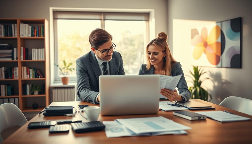 A bright, modern office environment showcasing a diverse group of two professionals—one male and one female—engaged in a focused discussion over a laptop. The foreground features a sleek wooden desk cluttered with health insurance documents, calculators, and a cup of coffee. In the middle ground, a large window allows warm natural light to illuminate the space, creating an inviting atmosphere. The background displays a bookshelf filled with business and health-related books, and an abstract health insurance poster on the wall. The professionals are dressed in smart business attire, conveying professionalism and approachability. The overall mood is one of collaboration and determination, highlighting the significance of assessing health insurance needs effectively. The composition should be balanced, with a slight depth of field to draw attention to the main subjects.