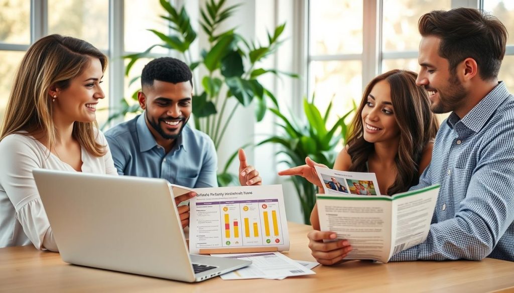 A bright, professional office environment with a diverse family discussing health insurance options around a table. In the foreground, a mother and father, dressed in smart casual attire, are reviewing colorful brochures featuring family health plans. Their expressions show focus and determination. In the middle, a laptop is open displaying comparison charts of different insurance plans. A friendly insurance advisor, wearing business attire, gestures towards the charts, explaining benefits. In the background, large windows let in warm, natural light, creating an inviting atmosphere. Lush indoor plants add a touch of color, enhancing the sense of well-being and care. The overall mood is optimistic and informed, emphasizing the importance of making smart, cost-effective health insurance choices for families.