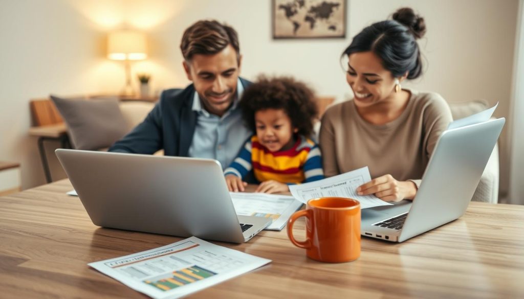 A caring family sitting together at a dining table, reviewing life insurance documents. The foreground shows a father and mother in professional attire, discussing options while a child, dressed in a modest outfit, colorfully engages with the family in the background. The middle ground features open documents, a laptop displaying insurance charts, and a warm coffee mug, symbolizing thoughtful planning. In the background, a cozy living room setting, with soft lighting from a nearby window, casts a gentle glow, enhancing the supportive family atmosphere. The angle is slightly elevated to create an inviting feel, capturing the essence of togetherness and financial security. The overall mood is warm, encouraging, and reassuring, suited for families considering life insurance.