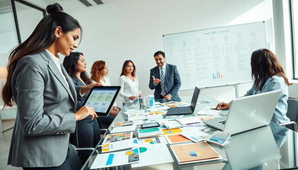 A clean and modern office setting depicting a diverse group of professionals engaged in a discussion about affordable health insurance options. In the foreground, a woman in business attire is pointing to a digital tablet displaying various health insurance plans, while a man in a suit takes notes. In the middle ground, a large glass table is cluttered with colorful brochures, charts, and a laptop, emphasizing a collaborative atmosphere. The background features a whiteboard filled with notes and diagrams, showcasing options and comparisons. Soft, natural light streams through large windows, creating a welcoming and focused mood. The angle offers a slight overhead view, capturing all elements in an organized yet dynamic workspace.