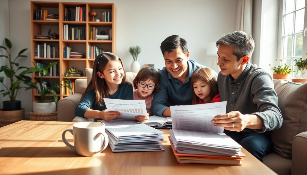 A cozy family scene in a sunlit living room, featuring a professional couple discussing health insurance options at a wooden table. The parents, dressed in smart casual attire, are surrounded by their two children, who are engaged with a laptop showing various health insurance plans. In the foreground, a coffee cup and a stack of paperwork hint at financial discussions, while the middle showcases the family’s bright expressions conveying hope and responsibility. The background features a bookshelf filled with books on finance and health, alongside plants for a welcoming atmosphere. Soft, natural lighting floods the room from a nearby window, creating an inviting, warm mood that emphasizes family unity and financial security.