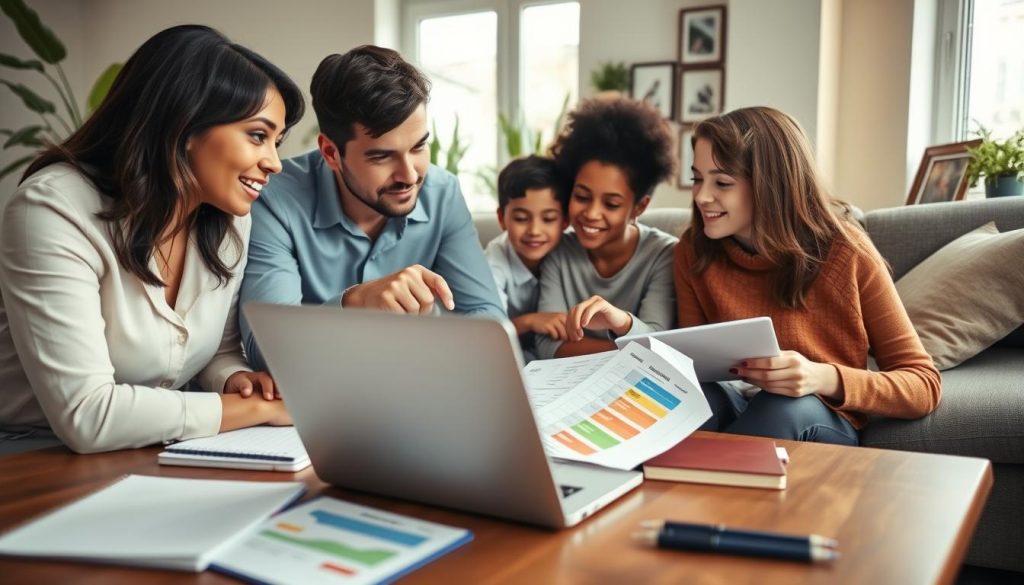 A cozy, modern living room scene featuring a diverse family gathered around a coffee table, comparing health insurance plans. The foreground shows a laptop open with colorful charts displaying various plans, while notebooks and pens are scattered around. In the middle, the family—two adults in professional business attire and two children in casual but neat clothing—engage in conversation, pointing at the laptop screen. The background features warm lighting from a window, with plants and family photos, creating a welcoming atmosphere. The overall mood is focused and collaborative, capturing the essence of selecting the right family health insurance plan. The angle is slightly elevated, providing a clear view of the interaction and the details of the documents on the table.
