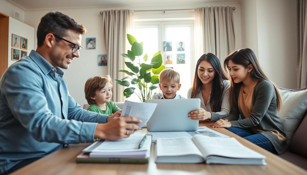 A family gathered around a table in a bright and modern living room, discussing their insurance options together. In the foreground, a diverse group including a father, mother, and two children, all dressed in smart casual attire, are looking at insurance paperwork and a laptop, displaying a thoughtful and engaged atmosphere. The middle of the scene features a large houseplant and colorful family photos on the wall, representing warmth and stability. In the background, soft sunlight streams through a window, casting a warm glow across the room, enhancing the mood of security and togetherness. The composition should be viewed at eye level, with a slightly wide-angle lens to give an inviting perspective on family life and financial planning, embodying the importance of family insurance benefits.