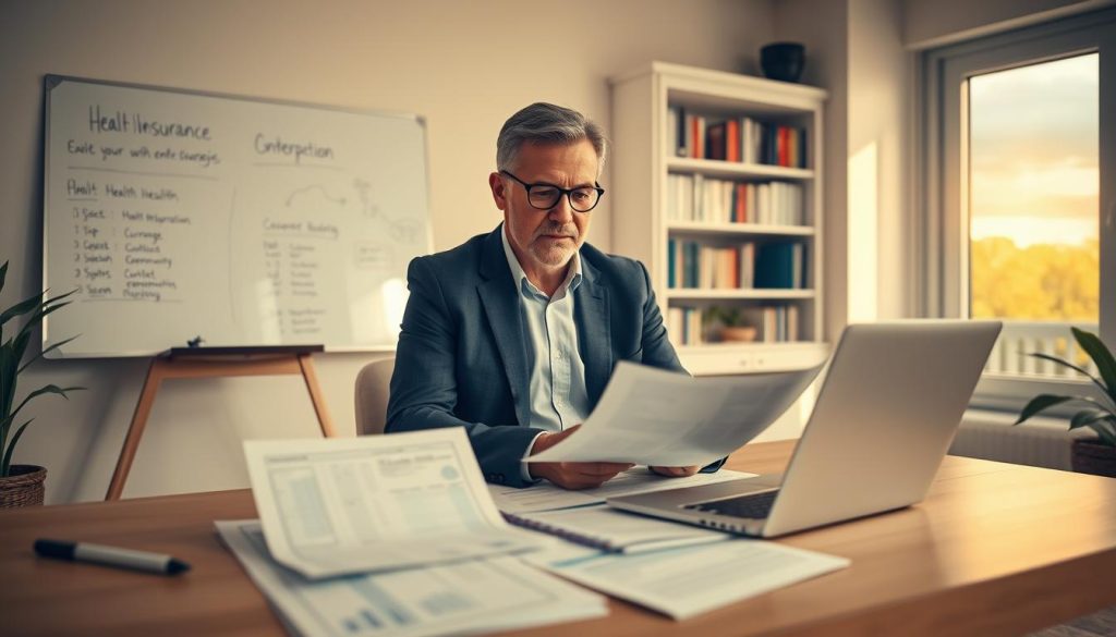 A focused scene depicting a self-employed individual in a modern home office, seated at a desk with a laptop open and documents related to health insurance spread out. In the foreground, the individual, a middle-aged person in smart-casual attire, appears thoughtful and engaged, reviewing their options. The middle ground features a whiteboard with charts and notes on health coverage strategies. In the background, a large window lets in warm, natural light, illuminating a shelf filled with books on entrepreneurship and health. The overall atmosphere conveys a sense of determination and professionalism, with a comfortable yet productive environment, using soft lighting to create a welcoming mood.