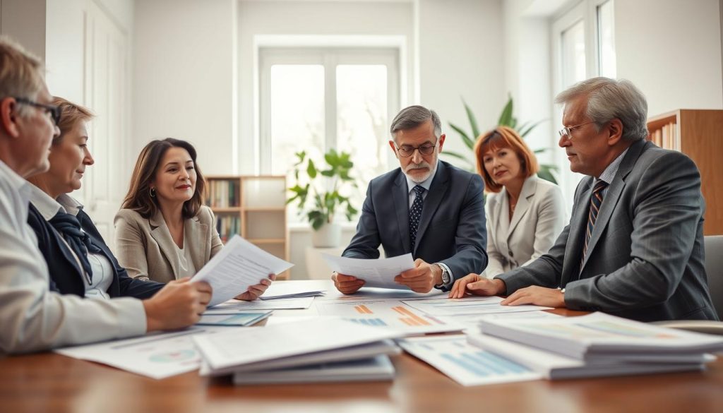 A focused scene in a bright, modern office setting. In the foreground, a diverse group of three middle-aged professionals, dressed in business attire, engaging in a discussion around a table strewn with reports and charts about senior healthcare policies. One person gestures thoughtfully, while the others listen attentively. In the middle, a large window lets in soft, natural light, creating a warm atmosphere. The background shows shelves filled with health-related books and a potted plant adding a touch of nature. The overall mood is collaborative and professional, emphasizing the importance of informed decision-making in healthcare policy for low-income seniors. A polished, high-quality image captured from an eye-level angle to enhance viewer engagement.