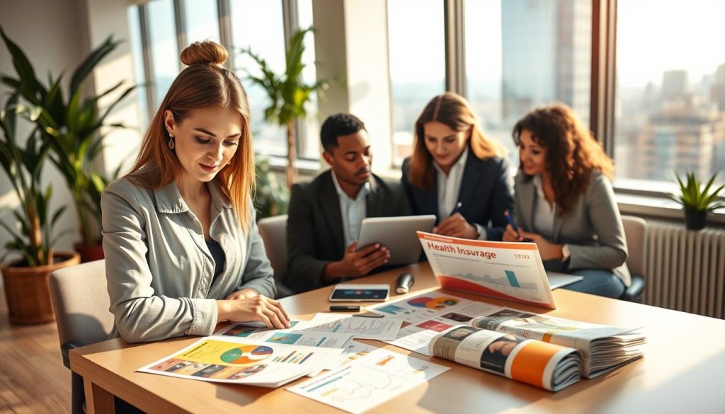 A modern and professional workspace featuring a self-employed individual, a diverse group of three adults engaged in a discussion about health insurance options. In the foreground, a focused woman in business casual attire examines colorful brochures spread across a well-lit table, highlighting various health coverage plans. The middle ground includes two colleagues, one gesturing with a tablet showing graphs and data, while the other takes notes. The background reveals a bright office with plants and a large window offering a view of a bustling cityscape, bathed in warm, natural light. The mood conveys a sense of collaboration and empowerment, capturing the essence of navigating self-employed health coverage. Use a shallow depth of field to emphasize the individuals while softly blurring the background.
