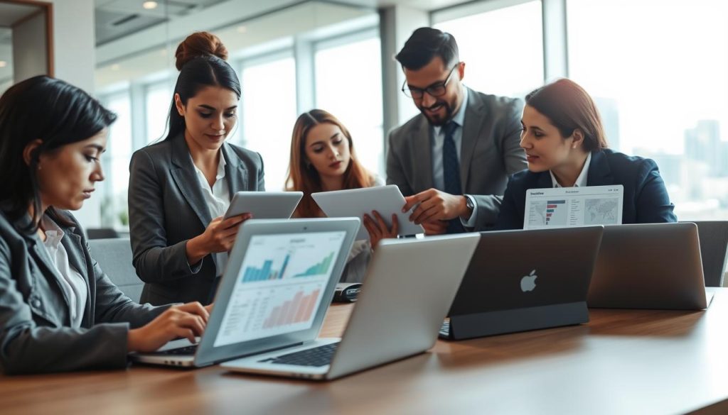 A modern digital workspace showcasing a diverse group of professionals analyzing health insurance policies on multiple laptops and tablets. In the foreground, a focused woman in business attire types on her laptop, with graphs and policy details displayed on the screen. In the middle ground, a man discusses the comparison with a colleague, pointing at a tablet that highlights various health plans. Surrounding them are soft, ambient lights creating a bright and inviting atmosphere. The background features a sleek, contemporary office with a large window letting in natural light, revealing a cityscape. The overall mood is collaborative and focused, emphasizing the importance of informed decision-making in health insurance.
