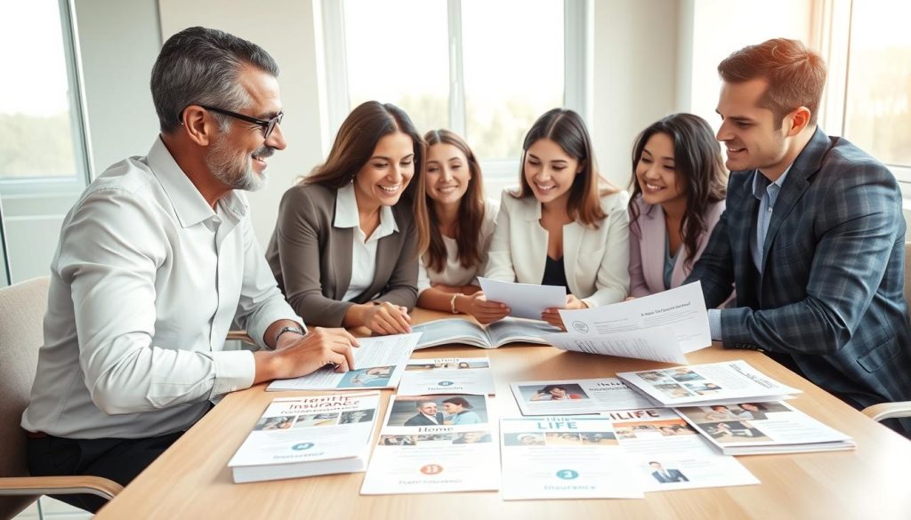 A modern family sitting around a table in a bright, inviting office environment, discussing various insurance policy options. The foreground features a diverse family group—parents in professional business attire, engaged expressions, looking at brochures spread out before them. The middle ground showcases neatly organized brochures labeled with terms like "Health Insurance," "Life Insurance," and "Home Insurance." The background includes a large window letting in natural light, creating a warm and hopeful atmosphere. Soft shadows and a clean, professional aesthetic enhance the focus on family unity and informed decision-making about essential coverage types. The overall mood is supportive and informative, reflecting a theme of security and well-being.