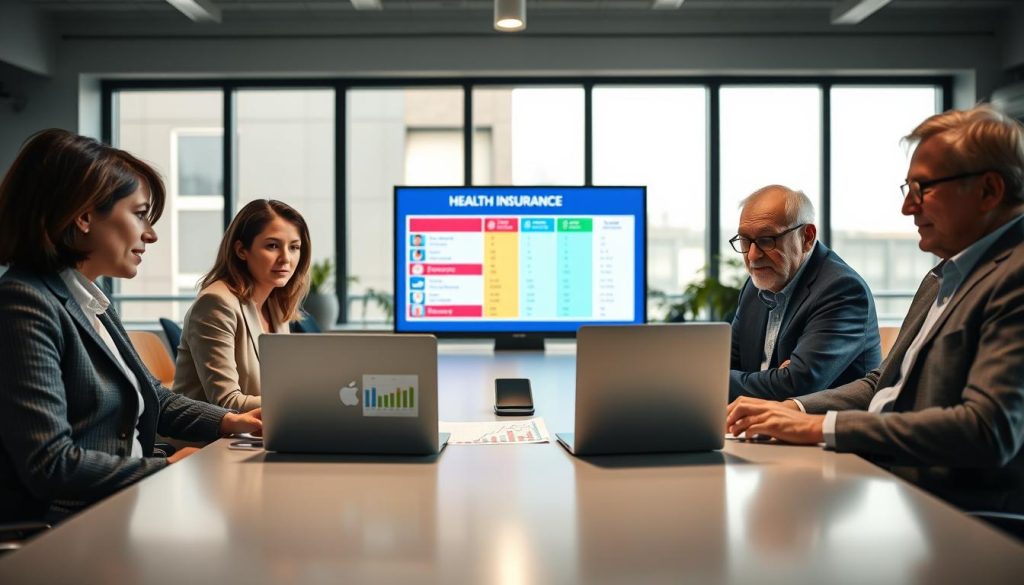 A modern office environment displaying a health insurance comparison scenario. In the foreground, a diverse group of professionals—including a middle-aged woman in business attire, a young man in a smart-casual outfit, and an older gentleman with glasses—are seated around a sleek conference table. They are intently analyzing various policy documents and charts displayed on a laptop in the center of the table. In the middle, a large digital screen shows colorful infographics comparing different health insurance plans. The background features large windows letting in soft, natural light, creating a warm atmosphere. The overall mood is focused yet collaborative, emphasizing decision-making and teamwork in a modern workspace. Use a shallow depth of field to blur the background slightly, drawing attention to the group and their discussion.