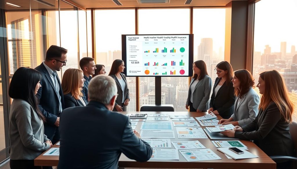 A modern office setting showcasing a vibrant, informative health insurance comparison display. In the foreground, a diverse group of individuals, dressed in smart business attire, are engaged in discussion over a large table filled with pamphlets and charts illustrating various health insurance plans. In the middle ground, a digital screen presents an interactive comparison tool, featuring colorful graphs and icons representing different insurance options. The background includes glass walls with a view of a city skyline, bathed in warm, natural light, creating an inviting atmosphere. The scene conveys a sense of collaboration, clarity, and professionalism, with an emphasis on making informed health insurance choices together.
