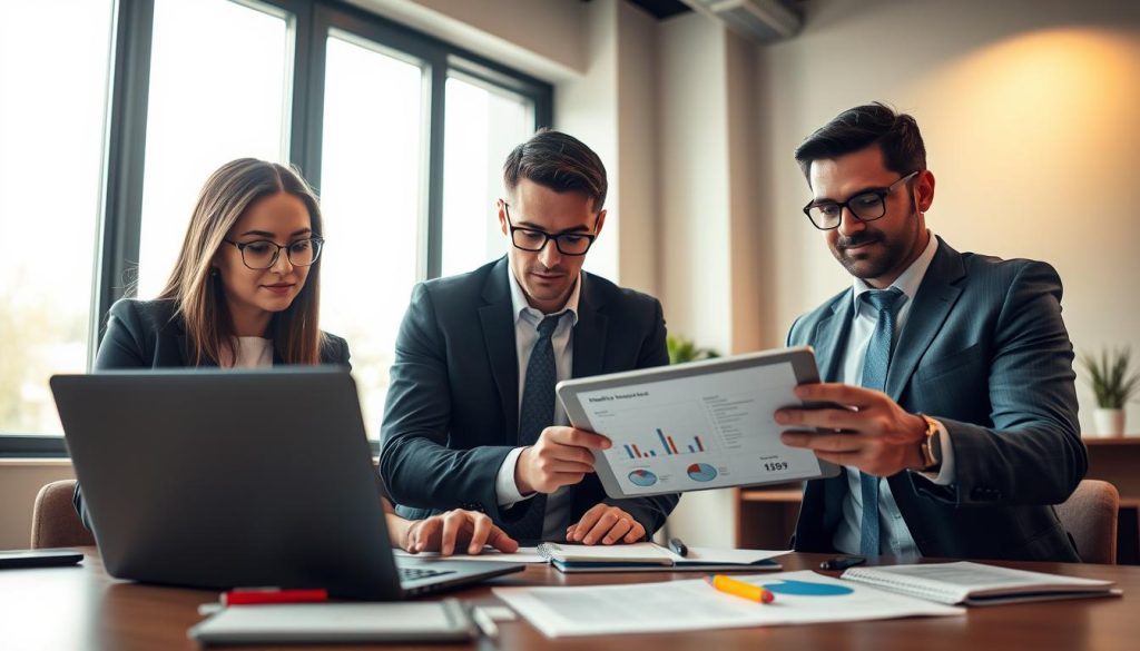 A modern, sleek workspace featuring a diverse group of three professionals comparing health insurance plans on digital devices. In the foreground, a young woman in smart casual attire is analyzing data on a laptop, with her focused expression reflecting concentration. Beside her, a man in a tailored suit gestures towards a tablet displaying comparison charts. In the background, a large window lets in warm, natural light, creating an inviting atmosphere. Soft-focus images of health insurance policy documents and graphs can be seen on a desk cluttered with pens and notebooks. The scene conveys a sense of collaboration and professionalism, emphasizing the benefits of making informed insurance choices online. The angle should be slightly from above, capturing the dynamic energy of the group while maintaining clarity and depth.