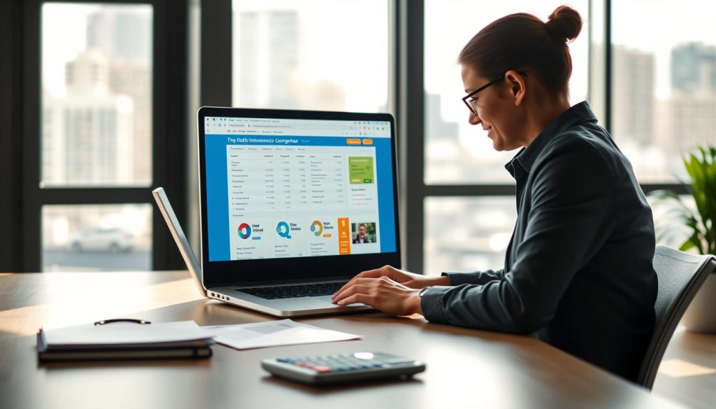 A modern workspace showcasing a health insurance comparison website on a sleek laptop. In the foreground, a professional-looking individual, dressed in a business casual outfit, intently reviews various insurance plans displayed on the screen. The middle ground features a clutter-free desk with documents and a calculator, symbolizing analysis and decision-making. In the background, a large window allows natural light to flood the scene, illuminating the workspace and creating a warm and inviting atmosphere. Soft shadows enhance depth, while a blurred cityscape outside signifies a bustling environment. The overall mood is focused and informative, reflecting a step-by-step guide to online health insurance comparison.