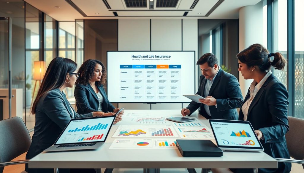 A professional and informative scene depicting a comparison of health and life insurance policies. In the foreground, a diverse group of four individuals in business attire is gathered around a modern table, analyzing color-coded charts and graphs displayed on laptops and tablets. In the middle, a large screen shows an infographic summarizing key differences between various policies. The background features an elegant office setting with large windows allowing natural light to flood the room, creating a bright and inviting atmosphere. The mood is focused and collaborative, emphasizing the importance of informed decision-making. The lighting is warm, highlighting the individuals' engaged expressions as they discuss options. The angle captures both the individuals and the informative displays, creating a balanced composition.