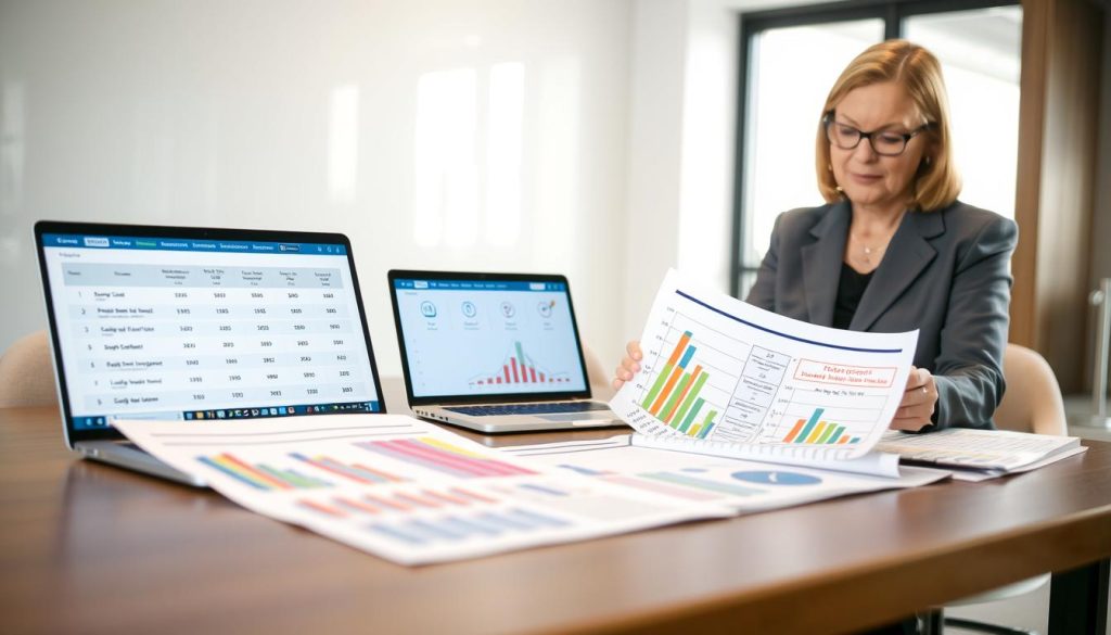 A professional and informative scene depicting a comparison of low-cost health insurance plans. In the foreground, a well-organized table displays colorful charts and graphs illustrating various insurance plans with low deductibles. To the side, a business-attired individual, a middle-aged woman with glasses, is examining the documents with a thoughtful expression. In the middle ground, a laptop shows a health insurance comparison website, with icons symbolizing different plans. The background features a modern office setting, with soft, natural lighting filtering through a window, creating a calm atmosphere. The focus is sharp on the table and the individual, while the background slightly blurs to emphasize the importance of the comparison. Overall, the mood is professional and focused, highlighting the search for affordable health insurance options.