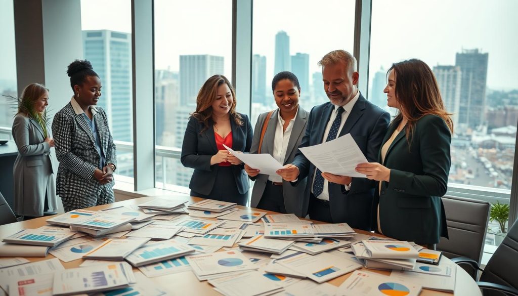 A professional and inviting office setting, showcasing a diverse group of individuals reviewing health insurance options. In the foreground, a well-dressed woman discusses documents with a man in a suit, both smiling and engaged in conversation. The middle ground features a large table cluttered with brochures titled “Health Insurance Plans,” displaying colorful graphs and charts. In the background, large windows let in natural light, creating an optimistic atmosphere with a city skyline view. Warm lighting illuminates the scene, enhancing the sense of cooperation and positivity. The image conveys a mood of accessibility and hope, emphasizing the search for affordable health insurance options. The composition should be well-balanced, focusing on collaboration and informed choices in healthcare.