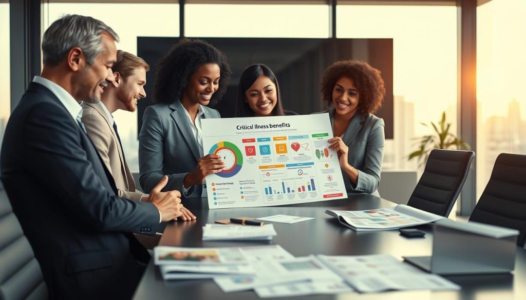 A professional and modern office environment depicting various critical illness coverage options. In the foreground, a diverse group of three individuals in business attire is engaged in a discussion, closely examining a colorful infographic on critical illness benefits. The middle ground features a sleek conference table scattered with brochures and charts illustrating different policy options, such as financial safety nets and supplementary benefits. The background shows large windows with soft, natural light streaming in, highlighting a city skyline. The mood is one of optimism and security, emphasizing informed decision-making regarding health and finances, captured from a slightly elevated angle to give depth and context to the scene.
