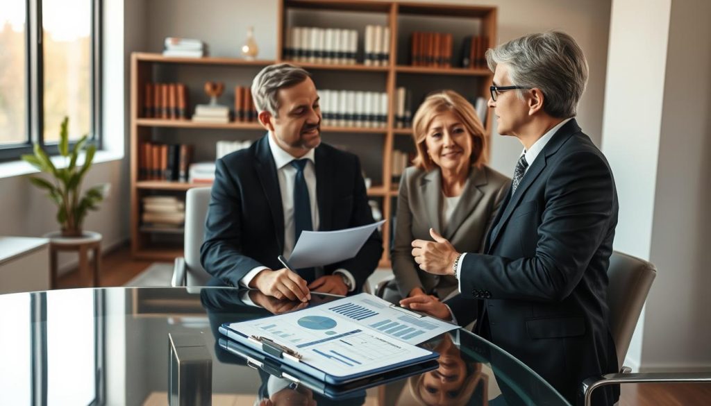 A professional financial advisor in a modern office setting, engaged in a discussion with a middle-aged couple, all dressed in smart business attire. In the foreground, a clipboard with graphs and charts illustrating critical illness coverage options, positioned on a sleek glass table. The couple looks attentive and reassured, emphasizing trust and security. In the middle ground, a large window allows warm, natural light to flood the room, creating an inviting atmosphere. In the background, shelves filled with books and financial resources, representing knowledge and preparedness in managing critical illness policies. The overall mood conveys professionalism, confidence, and a sense of protection that critical illness coverage provides. Use a soft focus lens for a slightly blurred background to enhance the intimacy of the conversation.