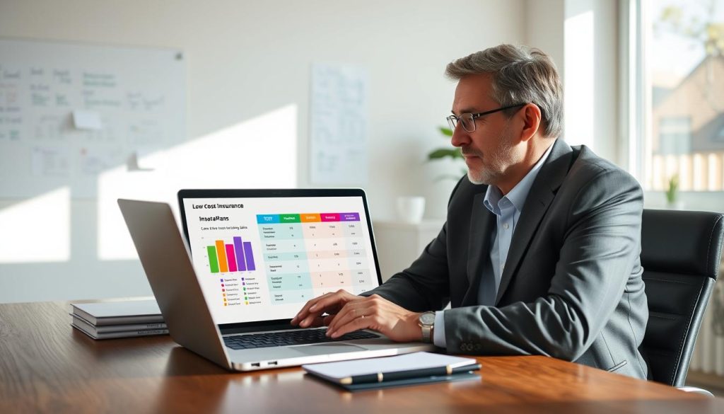 A professional financial advisor sitting at a modern desk, reviewing digital insurance plan options on a laptop. The foreground features the advisor, a middle-aged individual wearing business attire, focused and engaged. In the middle ground, the laptop screen displays a colorful comparison chart of low-cost insurance plans, with clear icons and graphs. The background shows a bright, airy office space with a whiteboard filled with notes and charts about insurance, suggesting a strategic planning atmosphere. Soft, natural lighting illuminates the scene, with sunlight streaming through a window, creating a warm and inviting mood. The overall composition conveys a sense of professionalism and approachability, reflecting the theme of navigating affordable insurance options effectively.