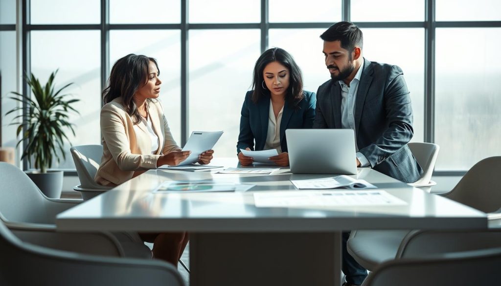 A professional office setting showcasing a diverse team of insurance agents discussing health insurance options. In the foreground, two agents, a Black woman and a Hispanic man, are engaged in a focused conversation, surrounded by documents and a laptop. The middle ground features a sleek conference table with brochures and charts about health insurance providers, emphasizing modern and reliable services. The background includes large windows with natural light flooding the room, creating an inviting atmosphere. Soft shadows fall across the table, enhancing the sense of professionalism and collaboration. The overall mood is one of diligence and trust, reflecting the careful research process of comparing health insurance options.