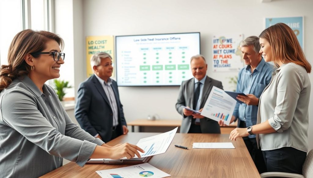 A professional office setting with a diverse group of four individuals gathered around a table, engaged in a lively discussion about healthcare options. In the foreground, a middle-aged woman with glasses and a clipboard is pointing at documents that display charts and graphs related to low-cost health insurance plans. The other participants, a young man in a smart business shirt, an older man in a suit, and a woman in casual professional attire, are attentively listening and taking notes. The middle ground features a chart on a large screen showing various healthcare options. The background contains motivational posters about health and wellness. The room is well-lit with soft natural lighting coming from large windows, creating an inviting and hopeful atmosphere. The image should convey collaboration, encouragement, and accessibility in the pursuit of affordable healthcare.