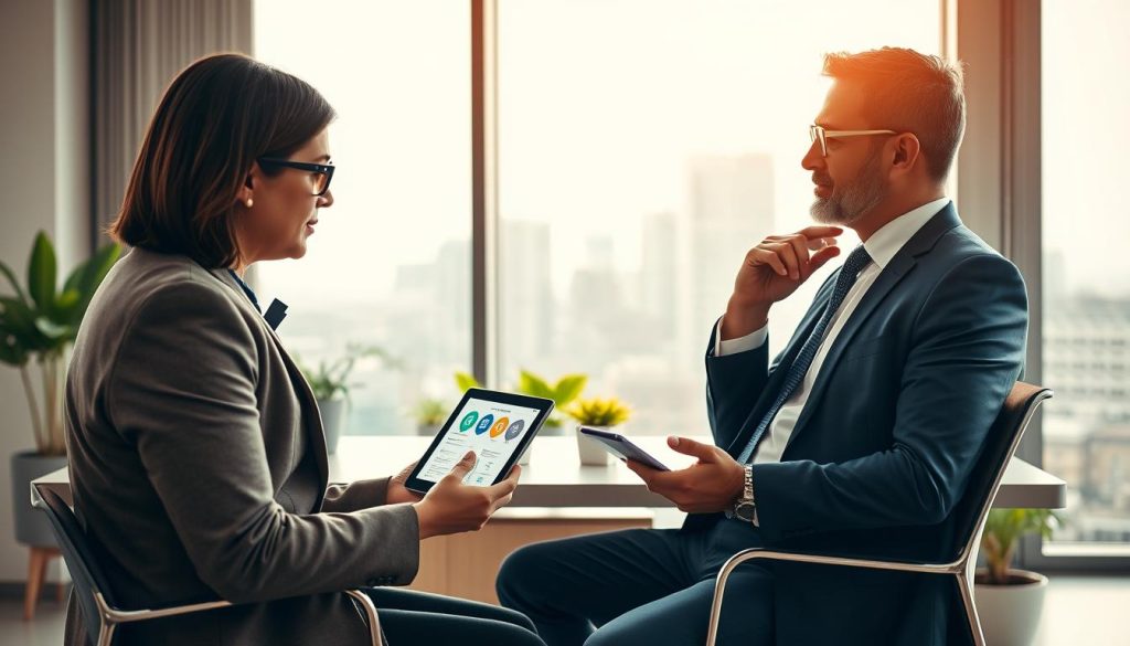 A professional setting depicting a thoughtful financial advisor discussing critical illness policy coverage with a client. In the foreground, the advisor, dressed in smart business attire, gestures towards a visually engaging infographic on a tablet that outlines key coverage aspects. The client, appearing engaged and contemplative, listens attentively, seated at a sleek modern desk surrounded by potted plants. The middle layer includes a large window letting in soft, natural light, with a city skyline in the background, symbolizing security and stability. The atmosphere is calm and reassuring, emphasizing trust and financial responsibility. The lighting is warm and inviting, creating a sense of hope and security regarding health and financial well-being. No text or branding elements are present.