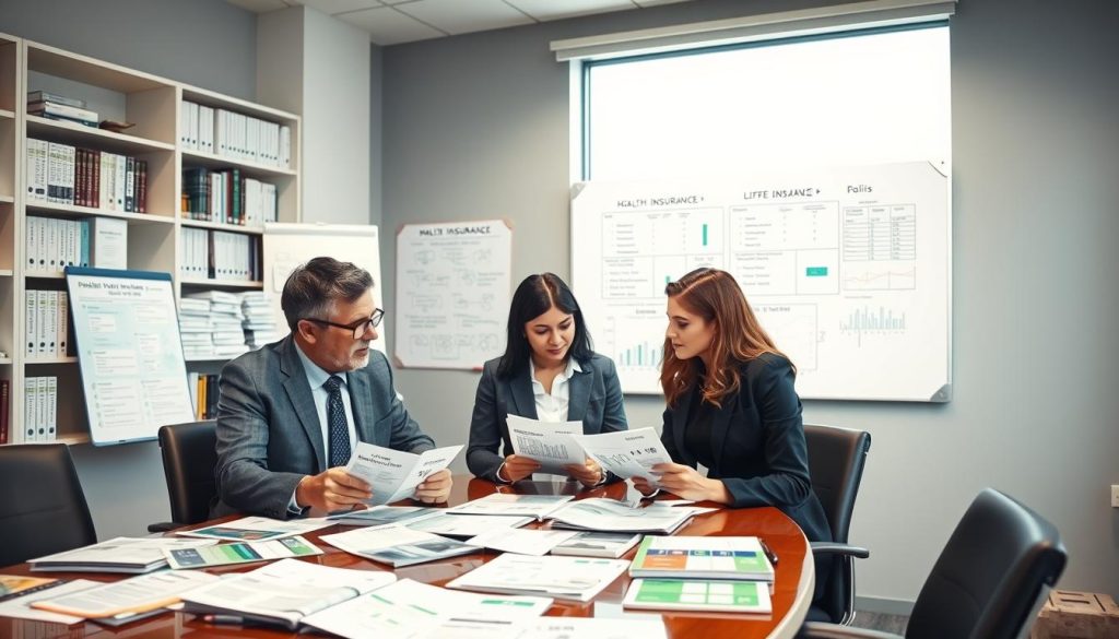 A professional setting depicting an office conference room filled with documents that represent health and life insurance policies. In the foreground, a diverse group of three individuals, a middle-aged man and woman in business attire, and a young woman in smart casual clothing, are engaged in discussion, examining brochures and charts spread out on a polished conference table. In the middle ground, a large window allows natural light to flood the space, illuminating a whiteboard filled with comparisons, benefits, and graphs. The background features shelves lined with books related to finance and insurance, giving a sense of depth and context. The atmosphere is focused and collaborative, conveying the importance of thorough comparison and informed decision-making. The lighting is bright yet soft, emphasizing clarity and professionalism.