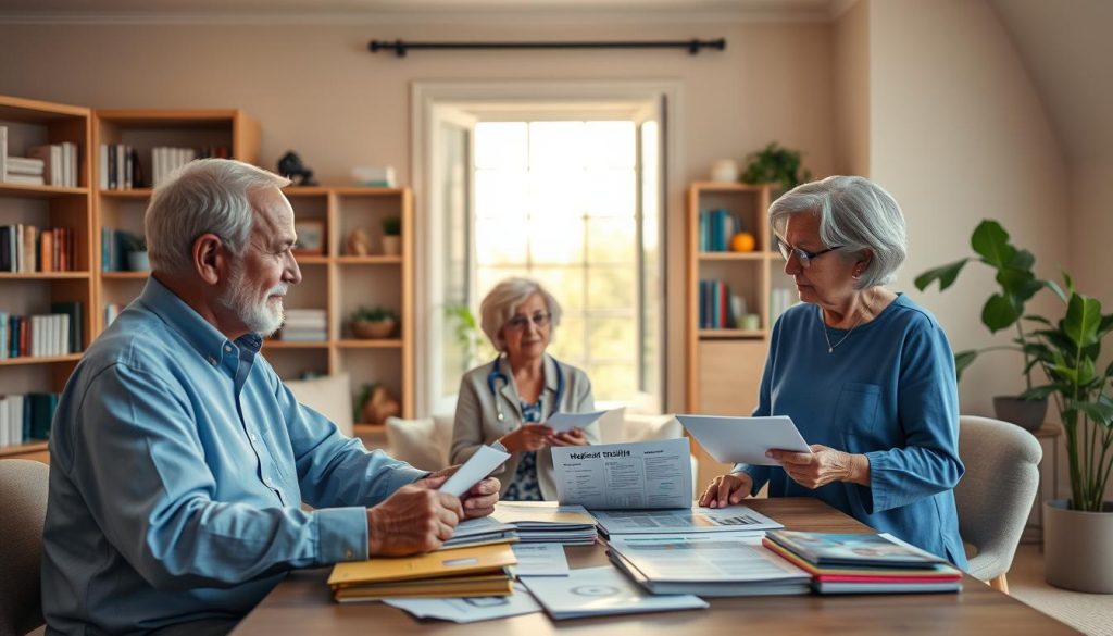 A serene, informative scene depicting the essentials of Medicare for seniors. In the foreground, a diverse group of three seniors—one Caucasian man, one African American woman, and one Hispanic woman—are engaged in a discussion around a table filled with brochures and documents related to Medicare. They are dressed in modest, professional attire. The middle layer features a large, open window letting in warm, natural light, illuminating the room and casting a cozy glow. In the background, there are bookshelves filled with health-related literature and a potted plant to add warmth. The atmosphere is calm and inviting, evoking a sense of trust and clarity about health coverage. Use a soft focus lens to enhance the feeling of intimacy and connection in the scene.
