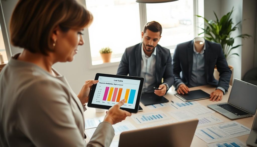 A serene office setting focused on a group of diverse professionals discussing health insurance plans, representing low deductible options. In the foreground, there is a middle-aged woman in professional attire, pointing to a colorful chart on a tablet that illustrates reduced deductible benefits. Beside her, a young man in casual business clothing takes notes, his expression attentive and engaged. In the middle ground, a conference table strewn with documents and laptops shows a detailed comparison of plans, with graphs and percentages visible. The background features bright, natural lighting streaming through large windows, a potted plant adding a touch of greenery, conveying a collaborative and hopeful atmosphere about making healthcare more affordable. Shot with a slight overhead angle for a comprehensive view of the scene.