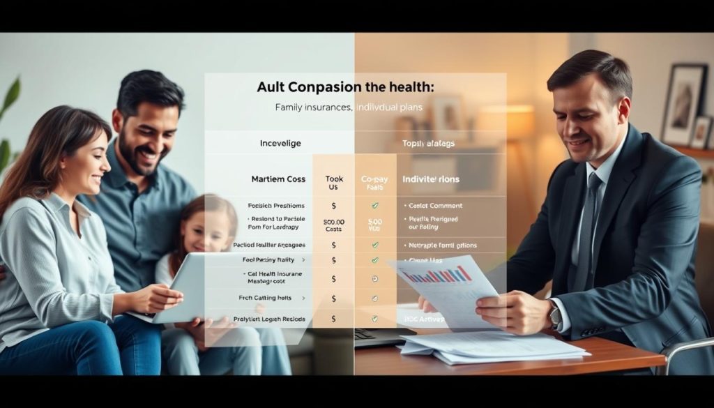 A split-screen composition showing a comparison of family health insurance plans versus individual plans. In the foreground, on the left, depict a diverse family—parents and children—wearing casual yet professional attire, discussing health insurance options over a laptop with graphs and charts displayed on the screen. On the right, an individual, in business attire, sits at a desk evaluating their own health plan documents. In the middle, a visually engaging infographic-style display highlights key differences in coverage and benefits, such as premium costs, co-pays, and network options. The background features soft lighting with a warm atmosphere, incorporating hints of home-like elements (like a plant or family photos) to create a welcoming vibe. The image should maintain a professional and informative appearance, avoiding any text or extraneous details.