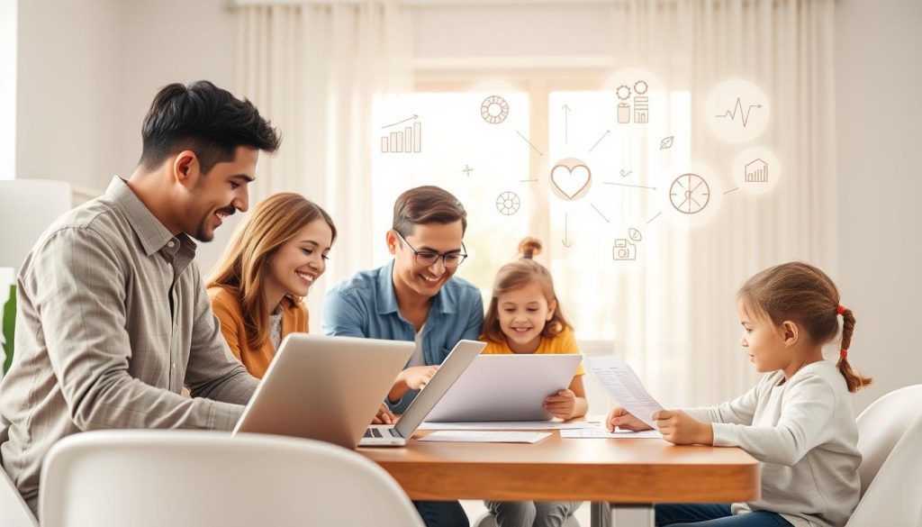 A visually engaging comparison scene illustrating family health insurance options. In the foreground, a diverse family of four—parents in smart casual attire and two children—are gathered around a table with laptops and papers, intently discussing health insurance plans. In the middle ground, floating visual elements like charts, graphs, and icons representing various health insurance plans create an informative backdrop, with arrows linking different options. The background features a modern home office setting with soft, natural lighting filtering through a window, creating a warm, inviting atmosphere. The image conveys a sense of collaboration and decision-making, emphasizing the importance of thoughtful comparison in selecting the best family health insurance. The composition has a balanced, professional look, suitable for an informative article on family health insurance.
