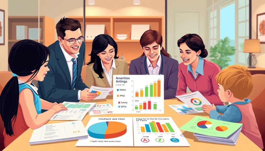 A visually engaging illustration showcasing various types of health insurance plans for families. In the foreground, a diverse family of four—two adults in professional attire and two children—gather around a table filled with colorful brochures and charts displaying different health insurance plan options. In the middle ground, a pie chart and bar graph are depicted, illustrating coverage types such as HMOs, PPOs, and EPOs, along with family-related visuals like a stethoscope and a family health care icon. The background features a warm, inviting office setting with soft lighting, creating a friendly and informative atmosphere. The scene is viewed from a slightly elevated angle, enhancing the sense of engagement and interaction among the family members.