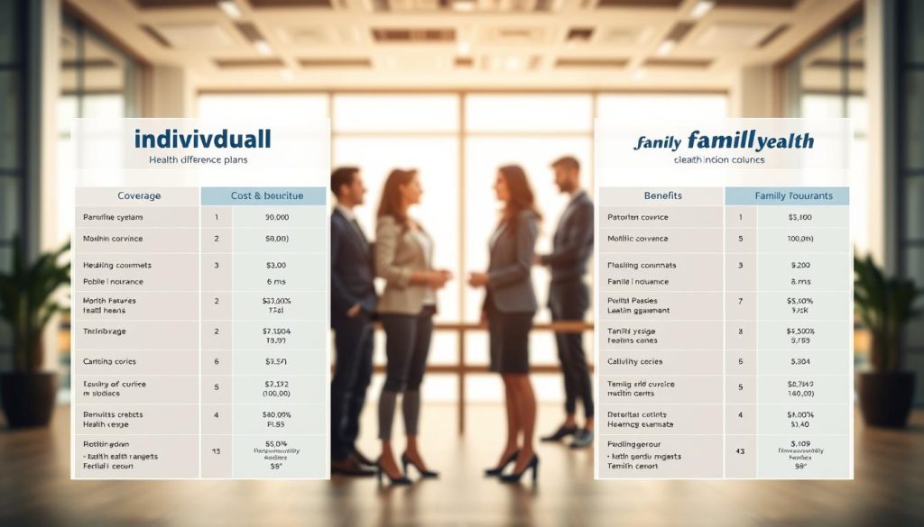 A visually engaging infographic depicting a comparison of individual versus family health insurance plans. In the foreground, include two side-by-side charts or graphs showing key differences in coverage, cost, and benefits, with clearly defined sections for each plan. In the middle ground, add a diverse group of professionals in business attire discussing the plans, emphasizing collaboration and thoughtful decision-making. The background features a modern office setting with soft, natural lighting coming through large windows, creating an inviting atmosphere. Use a slight depth of field to keep the focus on the charts and the group, while subtly suggesting an environment of productivity and choice. The overall mood should be informative and encouraging, guiding viewers toward understanding their options clearly.