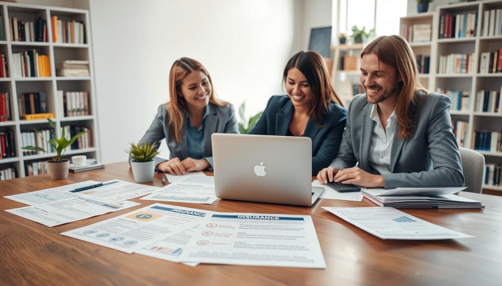 A visually engaging scene depicting an array of affordable insurance policies laid out on a wooden table, with a diverse group of three adults—two women and one man—dressed in professional business attire, examining the documents intently. In the foreground, the policies should feature clear icons representing different types of insurance, like health, auto, and home. In the middle ground, a laptop with financial graphs and calculators adds depth, while a potted plant brings a touch of warmth. The background should reflect a cozy office environment with bookshelves filled with finance-related books, soft natural lighting streaming through a window to create an inviting atmosphere. The overall mood should be optimistic and educational, emphasizing accessibility and understanding for beginners.