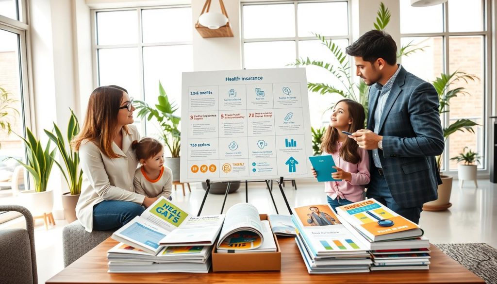 A visually impactful scene depicting a modern family evaluating health insurance plans in a bright, inviting office space. In the foreground, a diverse family of four—parents in business attire and two children in smart casual clothing—are gathered around a coffee table filled with colorful brochures featuring health insurance options. In the middle, a stylish presentation board showcases key stats and icons representing benefits for families. The background features large windows with natural light streaming in, illuminating potted plants and a contemporary design. The atmosphere is focused yet optimistic, suggesting informed decision-making. Shot with a wide-angle lens to create an engaging, spacious feel, emphasizing the importance of choosing the right health insurance in 2025.