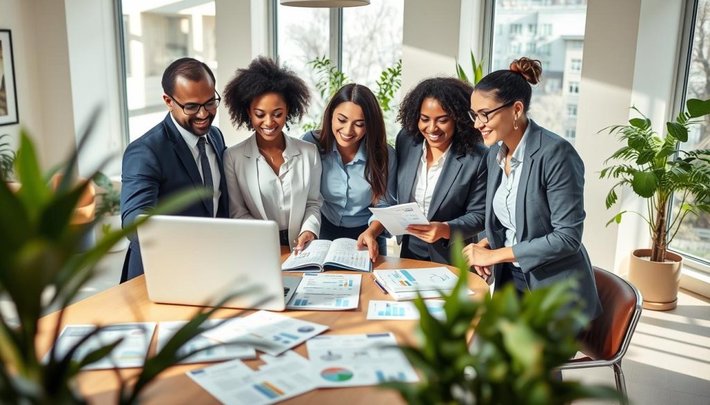 A well-organized scene depicting an office workspace focused on affordable health insurance options. In the foreground, a diverse group of three professionals, dressed in business attire, are engaged in a discussion over a laptop showing health insurance plans. They display expressions of concentration and teamwork. In the middle, a table is covered with brochures and graphs illustrating various insurance options. The background features a bright, inviting office with large windows that allow natural light to flood the room, creating a warm and friendly atmosphere. Soft shadows are cast by potted plants strategically placed around the workspace. The perspective is slightly elevated, capturing the collaborative spirit while emphasizing the practical elements of the insurance discussion. The mood is optimistic and professional.