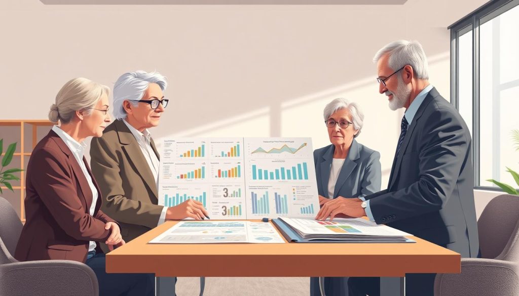 An informative and engaging illustration depicting a health policy comparison for seniors. In the foreground, feature a diverse group of three seniors, dressed in professional business attire, thoughtfully examining comparative charts and graphs that showcase various health policy options. In the middle ground, include a table with documents spread out, highlighting key statistics and benefits of different policies. In the background, a well-lit, modern office setting conveys a sense of professionalism and clarity, with neutral tones enhancing focus on the subjects and their task. Soft, natural light filters through a window, adding warmth and an inviting atmosphere while maintaining a serious tone appropriate for the comparison of health policies.